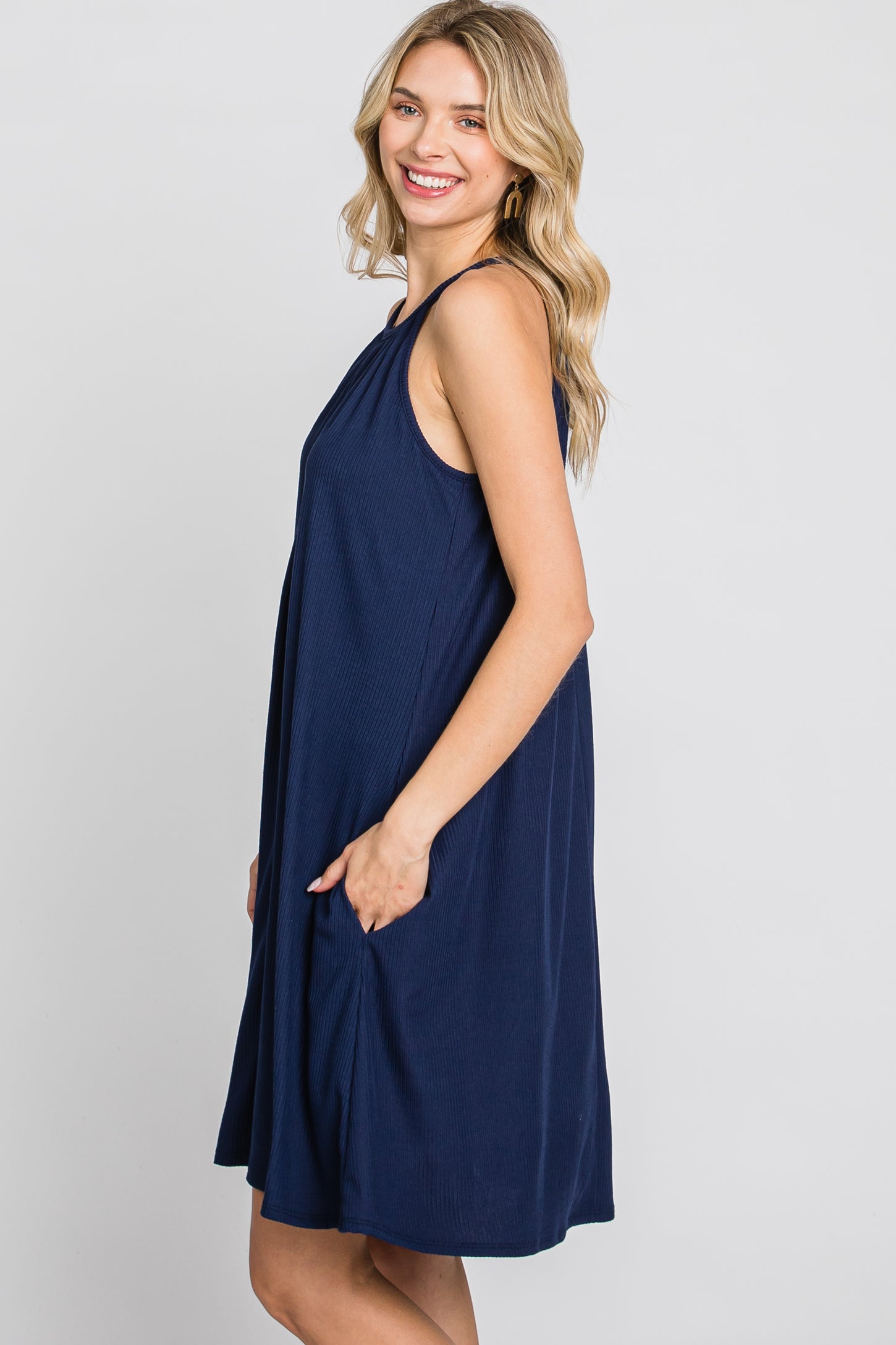 Navy Blue Halter Neck Swing Dress– PinkBlush