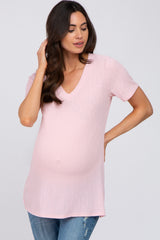 Pink Textured V-Neck Maternity Top