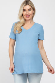 Blue Textured V-Neck Maternity Top