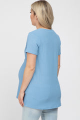 Blue Textured V-Neck Maternity Top