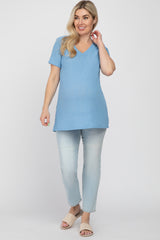 Blue Textured V-Neck Maternity Top