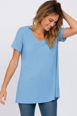 Blue Textured V-Neck Maternity Top