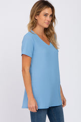 Blue Textured V-Neck Top