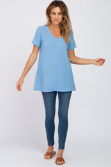 Blue Textured V-Neck Top