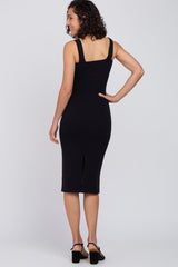 Black Knit Square Neck Midi Dress