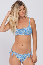 Blue Floral Sweetheart Neck Front Tie Bikini Swim Set