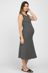 Black Striped Sleeveless Maternity Midi Dress