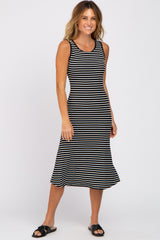 Black Striped Sleeveless Maternity Midi Dress