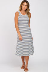 White Striped Sleeveless Maternity Midi Dress