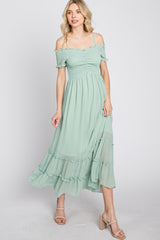 Mint Green Smocked Ruffle Off Shoulder Maxi Dress