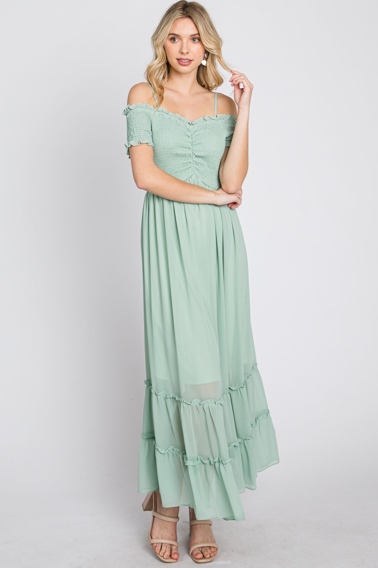 Green Watercolor Satin Pleated One-Shoulder Asymmetrical Maternity