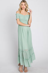 Mint Green Smocked Ruffle Off Shoulder Maternity Maxi Dress