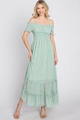 Mint Green Smocked Ruffle Off Shoulder Maxi Dress