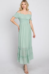 Mint Green Smocked Ruffle Off Shoulder Maxi Dress