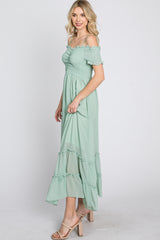 Mint Green Smocked Ruffle Off Shoulder Maxi Dress