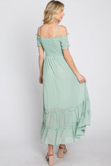 Mint Green Smocked Ruffle Off Shoulder Maxi Dress