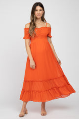 Orange Smocked Ruffle Off Shoulder Maternity Maxi Dress