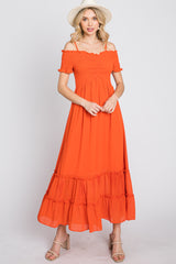 Orange Smocked Ruffle Off Shoulder Maternity Maxi Dress