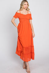 Orange Smocked Ruffle Off Shoulder Maxi Dress