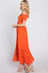 Orange Smocked Ruffle Off Shoulder Maxi Dress