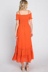 Orange Smocked Ruffle Off Shoulder Maxi Dress