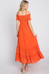 Orange Smocked Ruffle Off Shoulder Maxi Dress