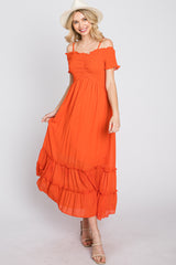 Orange Smocked Ruffle Off Shoulder Maxi Dress