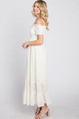 Cream Smocked Ruffle Off Shoulder Maxi Dress