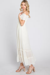 Cream Smocked Ruffle Off Shoulder Maxi Dress