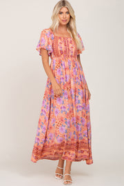 Coral Floral Short Sleeve Maxi Dress