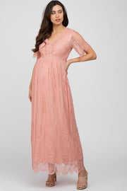 Light Pink Lace Short Sleeve Maternity Maxi Dress