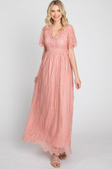 Light Pink Lace Short Sleeve Maxi Dress