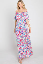 Pink Floral Off Shoulder Maxi Dress