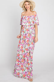 Fuchsia Floral Off Shoulder Maxi Dress