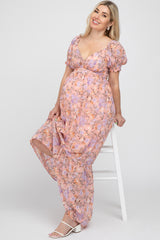 Pink Floral Sweetheart Neck Puff Sleeve Maternity Maxi Dress