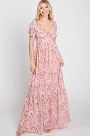 Pink Floral Sweetheart Neck Puff Sleeve Maxi Dress