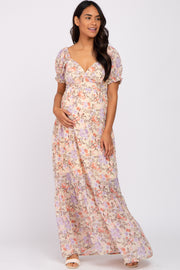 Cream Floral Sweetheart Neck Puff Sleeve Maternity Maxi Dress