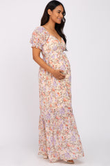 Cream Floral Sweetheart Neck Puff Sleeve Maternity Maxi Dress