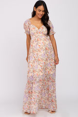 Cream Floral Sweetheart Neck Puff Sleeve Maternity Maxi Dress