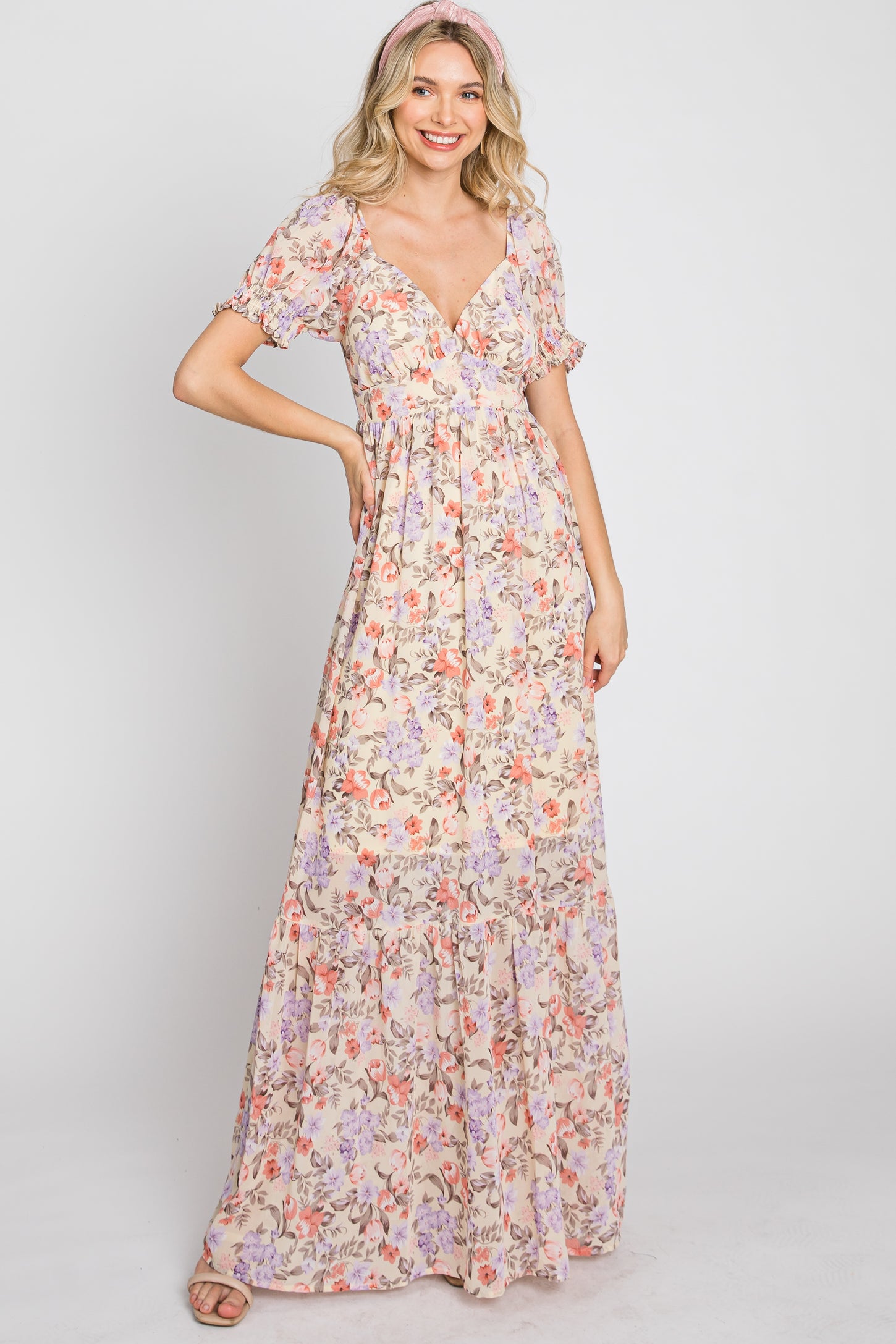 PinkBlush Ivory Floral Sash Tie Maternity/Nursing Maxi Dress