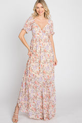 Cream Floral Sweetheart Neck Puff Sleeve Maxi Dress