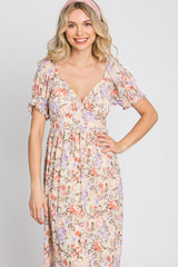 Cream Floral Sweetheart Neck Puff Sleeve Maxi Dress