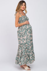 Beige Leaf Print Shoulder Tie Maternity Maxi Dress