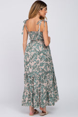 Beige Leaf Print Shoulder Tie Maternity Maxi Dress