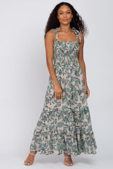 Beige Leaf Print Shoulder Tie Maternity Maxi Dress