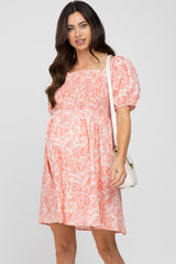 Peach Leaf Print Puff Sleeve Maternity Mini Dress