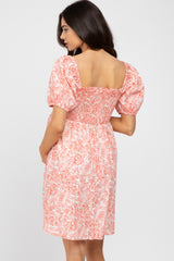 Peach Leaf Print Puff Sleeve Maternity Mini Dress