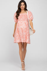 Peach Leaf Print Puff Sleeve Maternity Mini Dress