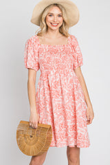 Peach Leaf Print Puff Sleeve Maternity Mini Dress