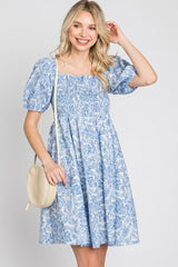 Blue Leaf Print Puff Sleeve Mini Dress